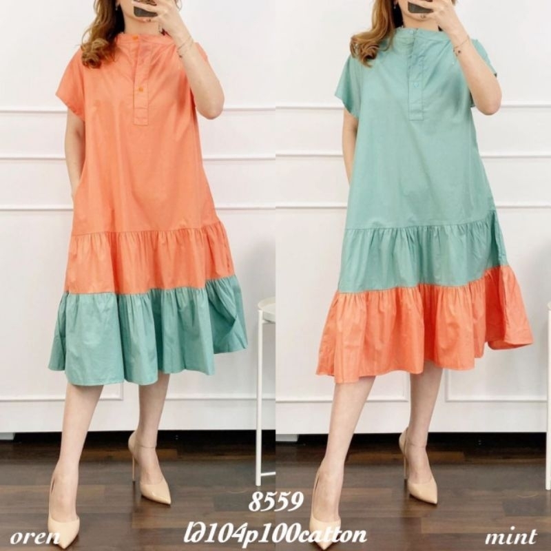 FM 8559 Dress Wanita Midi Polos Lengan Pendek Katun