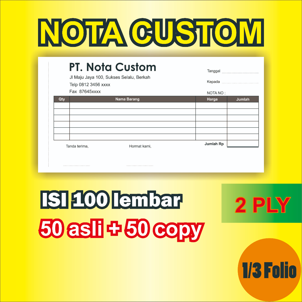 

Nota Custom 1/3 Folio 2 PLY Cetak Nota Custom Rangkap Toko Cafe Kantor Laundry