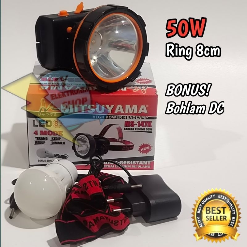 Senter Kepala 50 Watt LED Cahaya Kuning MITSUYAMA MS-147K Bonus Bohlam DC 7W Headlamp Outdoor DIMMER