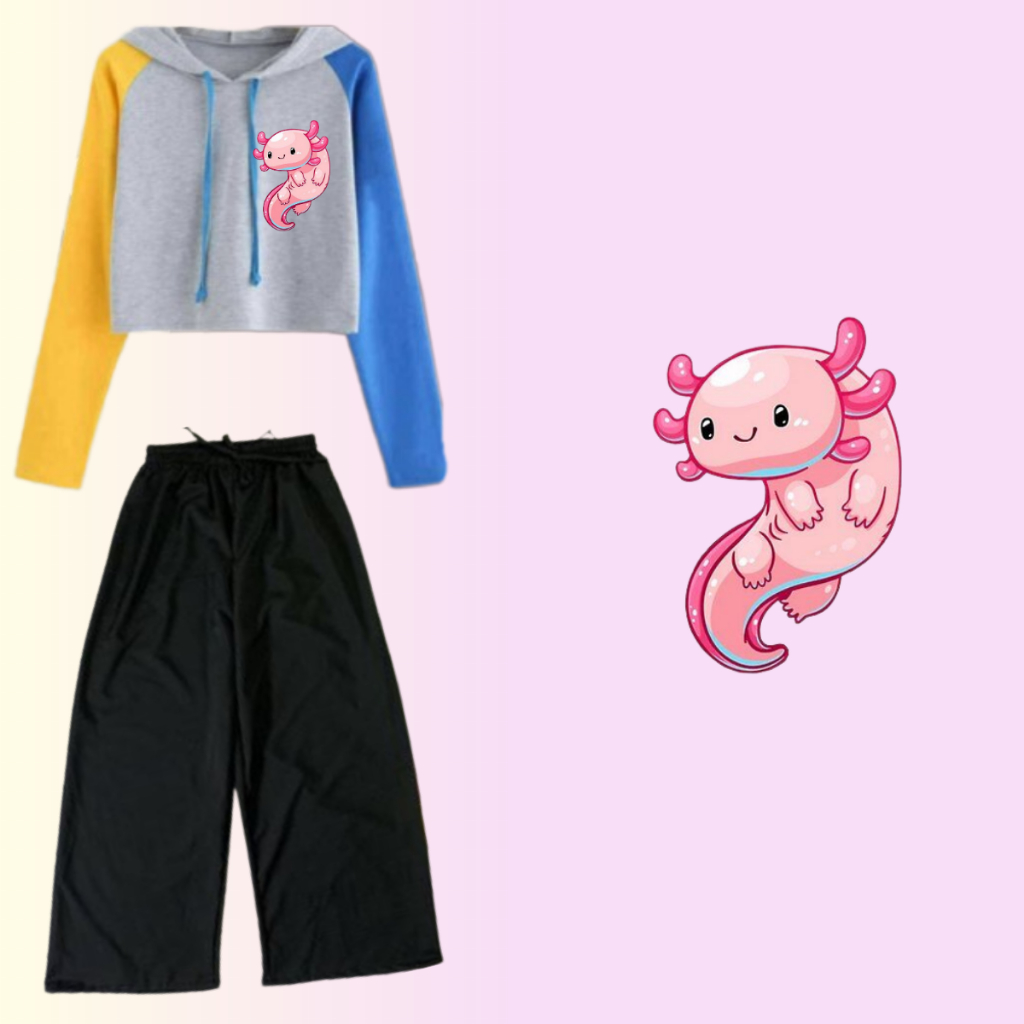 HOF -SETELAN HOODIE CROP +CELANA KULOT HITAM GADIS REMAJA LD90cm- AXOLOTL