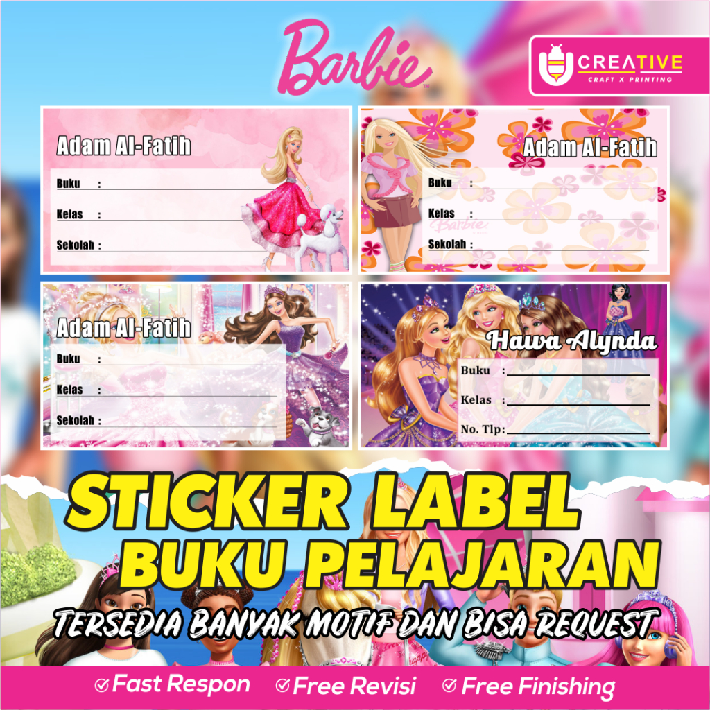 

Sticker / Label Buku Pelajaran Bisa Custom Nama (Isi 20pcs) Tema Berbie