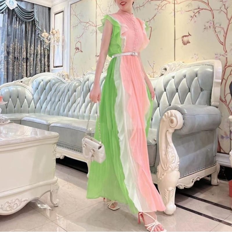 12620 Baju Maxidress longdress MIMOSA PATCHWORK PLEATED RUFFLE MAXI DRESS plisket rempel dres Korea 