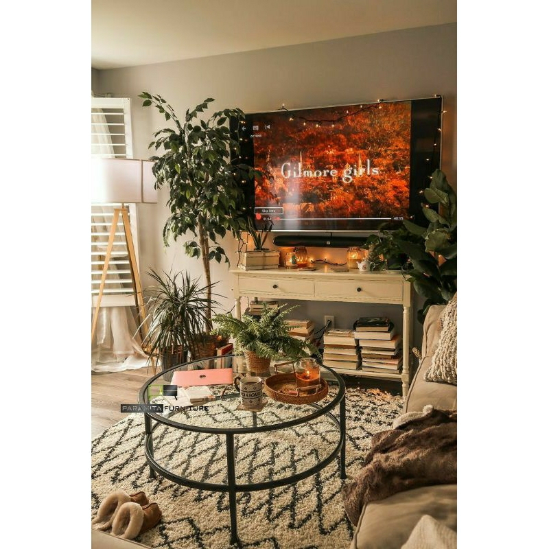 meja coffea table top kaca rangka besi meja tamu