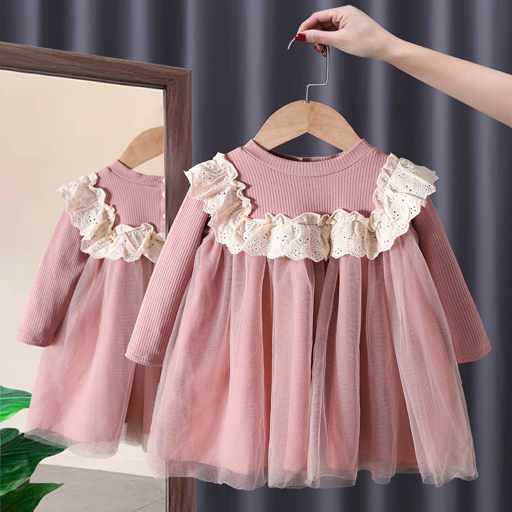 KIESKIDS Pakaian Baju Anak Perempuan Dress Rok Gaun Pink Salem Peach Renda Putih 2 Lapis Pesta Model Korea
