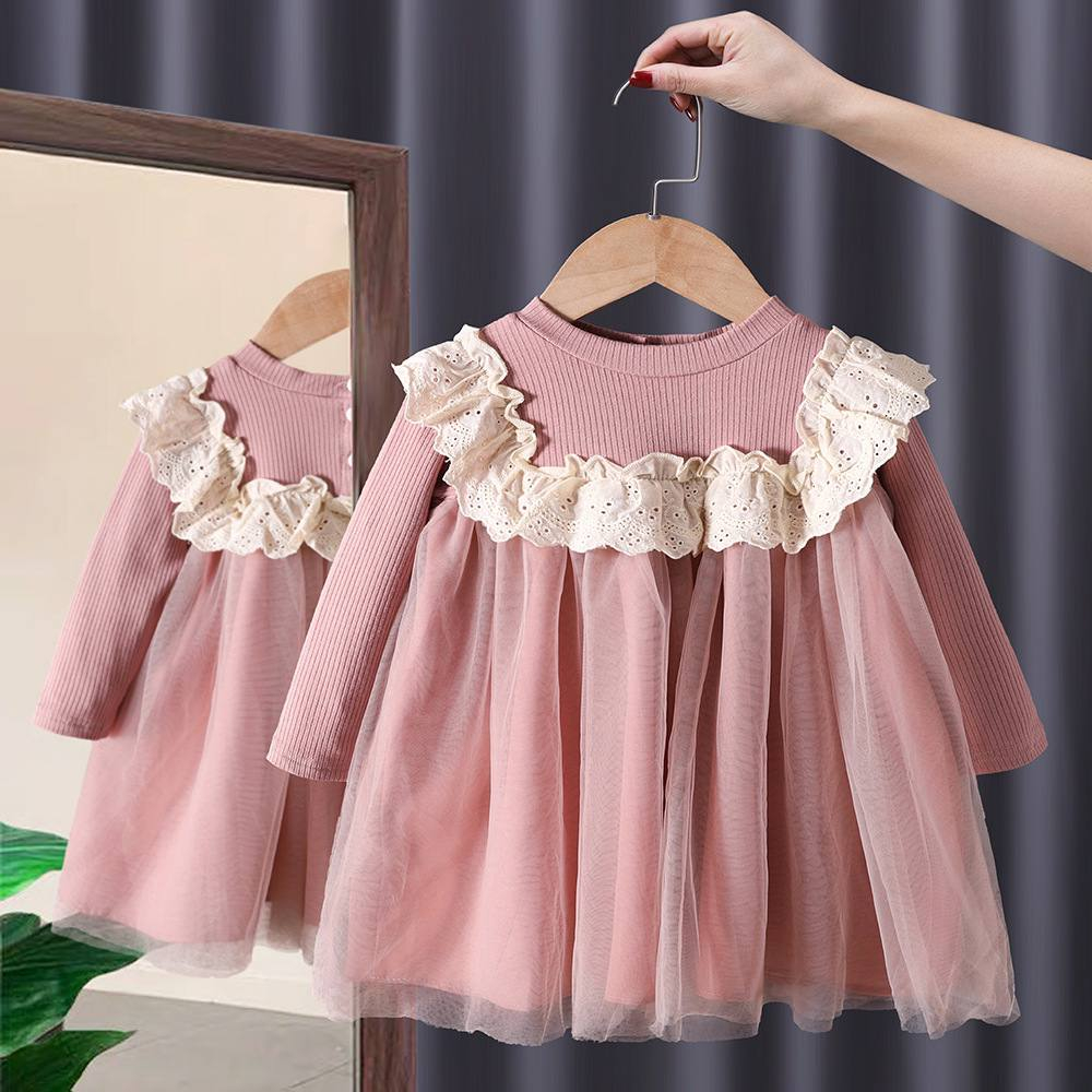 KIESKIDS Pakaian Baju Anak Perempuan Dress Rok Gaun Pink Salem Peach Renda Putih 2 Lapis Pesta Model