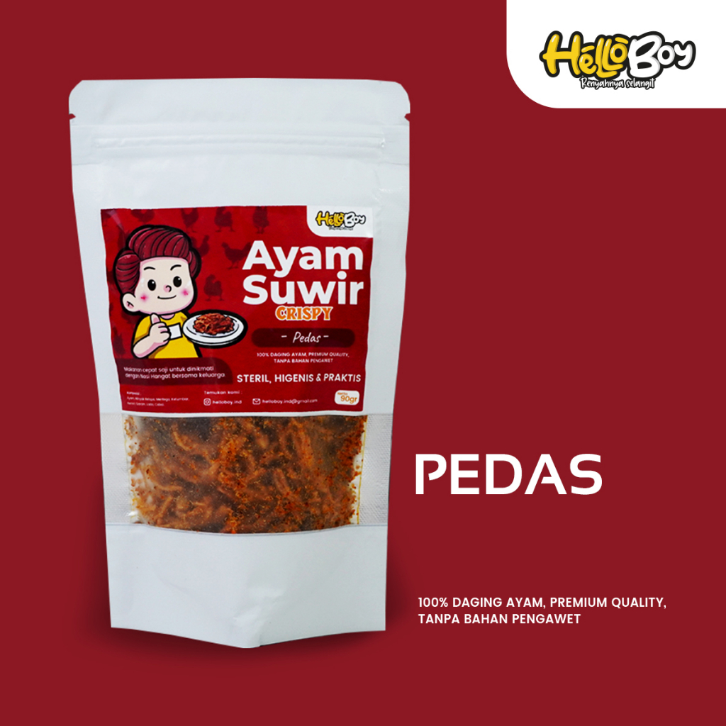 

HELLOBOY - Cemilan Ayam Suwir Crispy PEDAS / Lauk Siap Saji / Lauk Praktis
