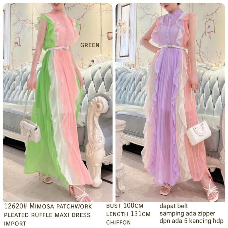 12620 SetBELT Baju maxidress longdress PATCHWORK PLEATED PLISKET RUFFLE REMPEL Tanpa lengan lekbong 