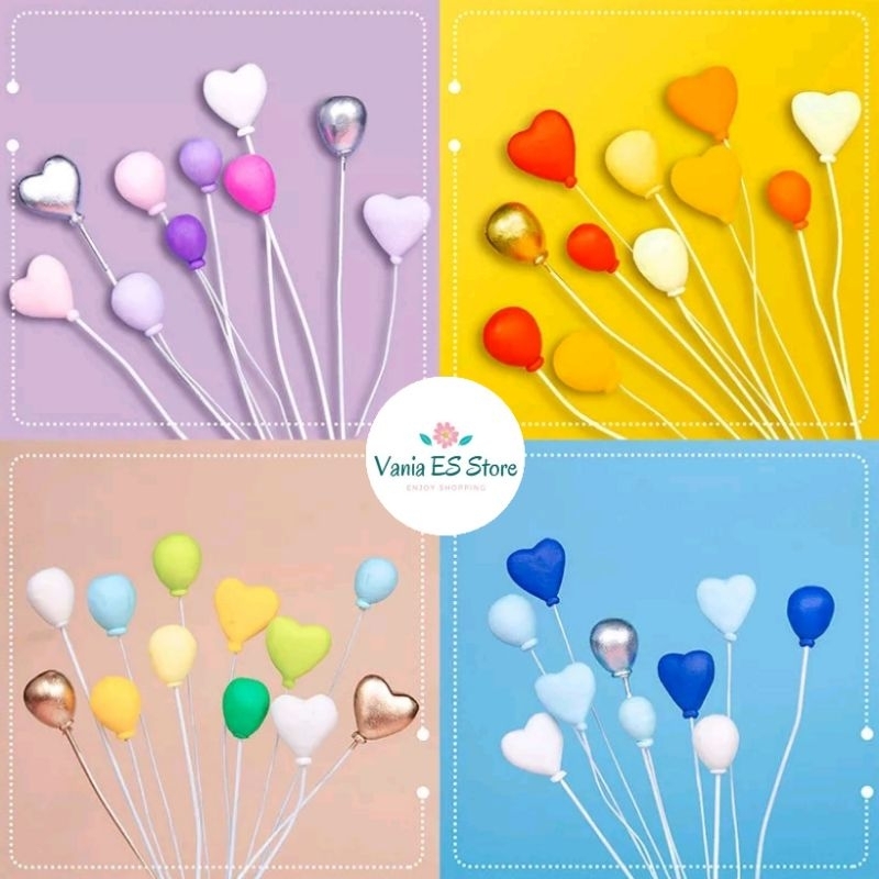 

10 Pcs/Set Topper Cake Balloons and Hearts Mix Colour Clay / Hiasan Kue Tusuk Bentuk Balon dan Hati Tanah Liat