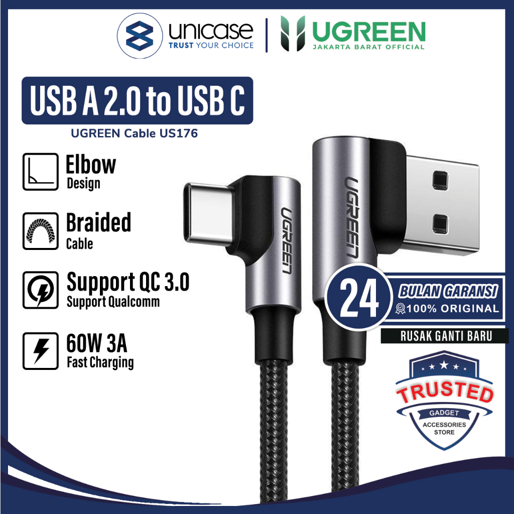 Cable USB A 2.0 to USB C UGREEN 3A 60W QC Angled Braided Gaming Kabel