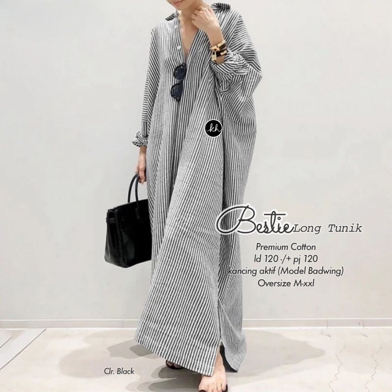 Long tunik motif salur garis bestie bahan katun jumbo