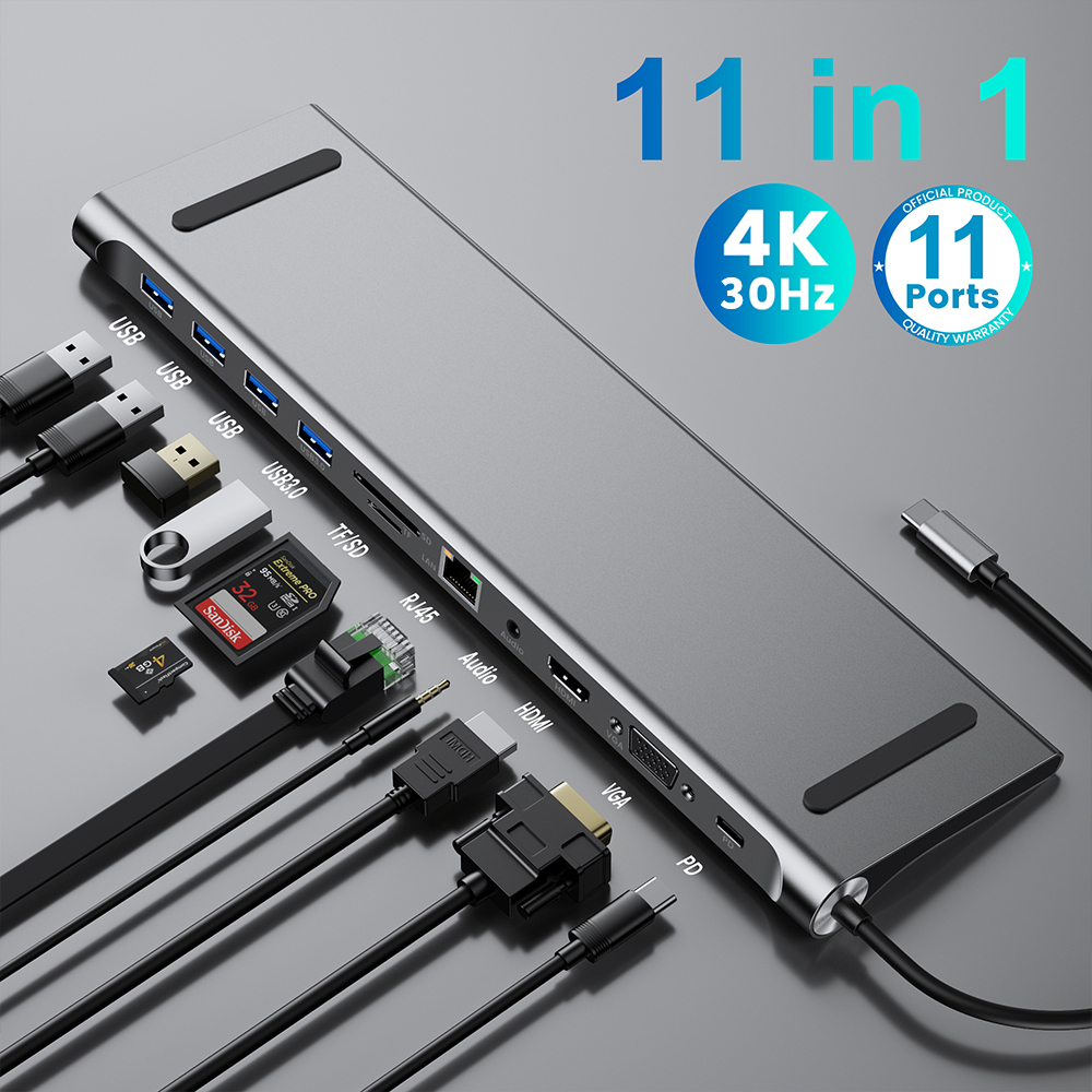 Docktion USB Hub Type C Adapter 11 in 1 HDMI 1080P AUX Card Reader