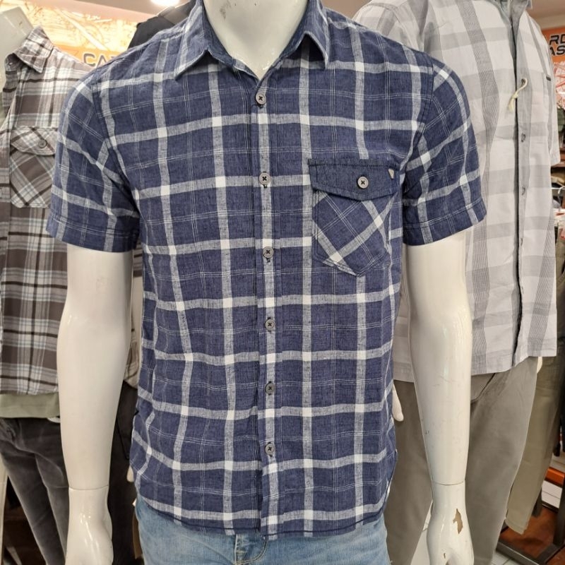 Watchout jeans original navy JS502200127 j24 kemeja pria lengan pendek garis kotak kotak