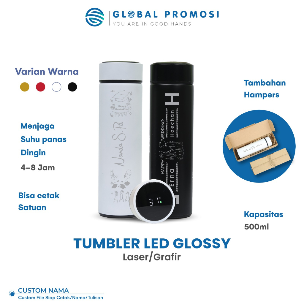 	 Tumbler Custom Smart Led Glossy Suhu Temperatur Botol Air Minum Stainless Cetak Laser Grafir Nama / Logo Souvenir/promosi	