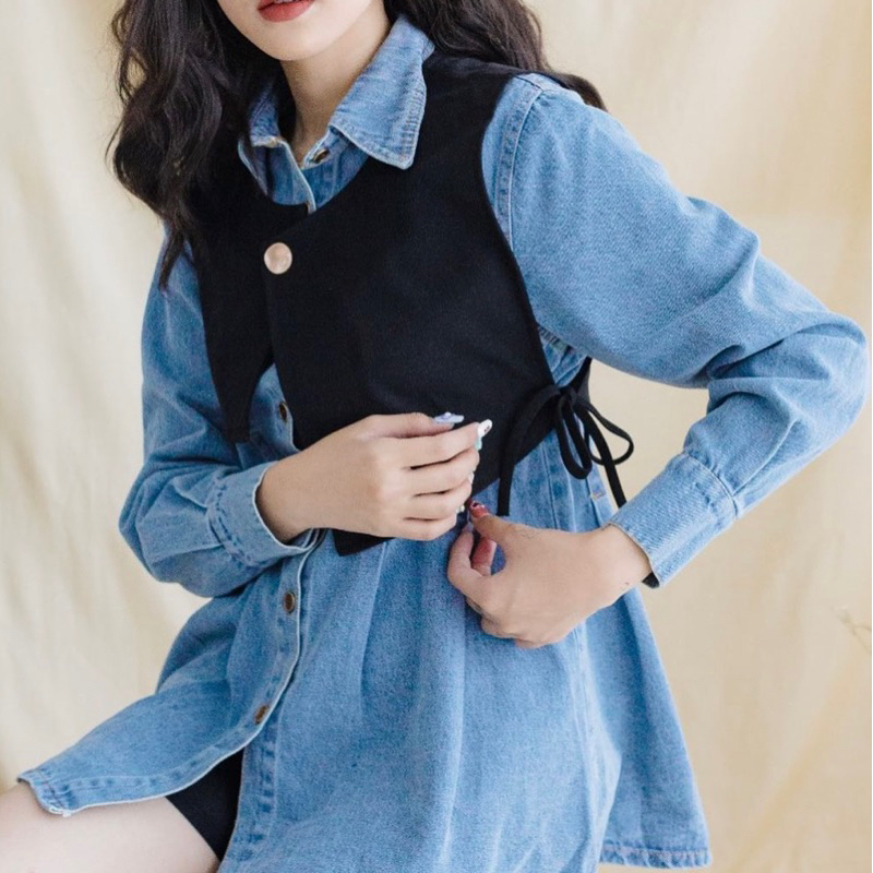 mini dress denim jeans biru blue wanita gaun lengan panjang vest rompi korean korea fashion casual m
