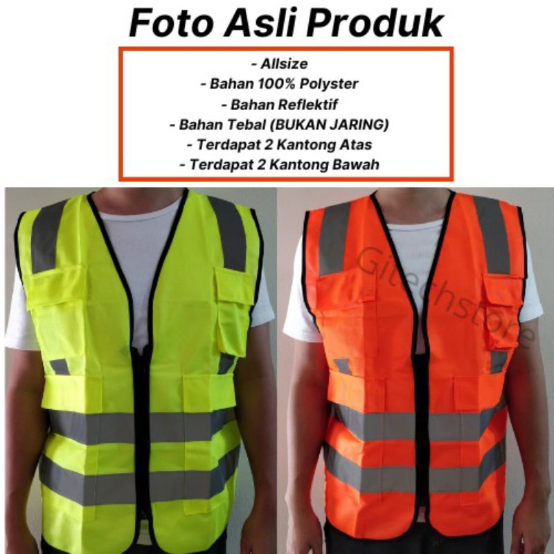 Rompi Safety Proyek / Safety Vest / Rompi Proyek Resleting Hijau Oren