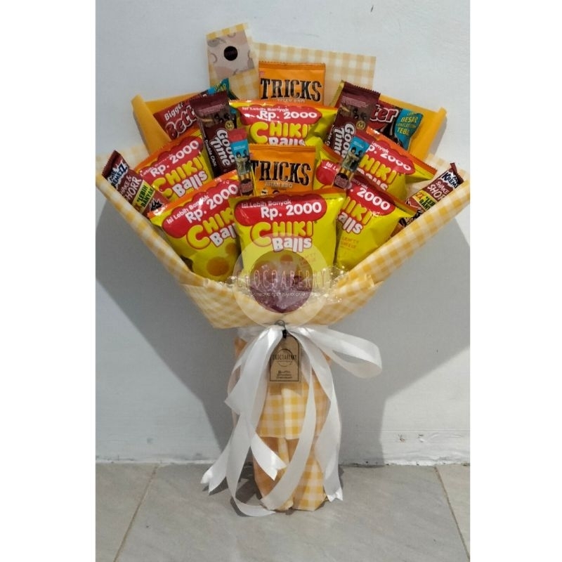 

Buket Snack Kuning Orange (Chiki Better Mieshoor Triks Goodtime Chokichoki)