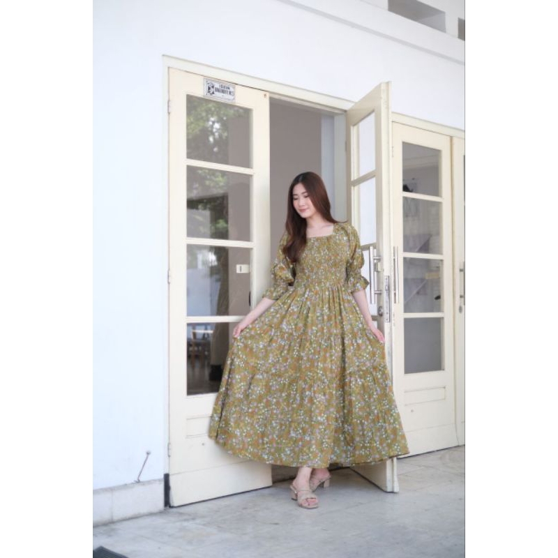 DRESS GUMI LENGAN MOTIF /DRESS KERUT DADA/DRESS SABRINA BALI