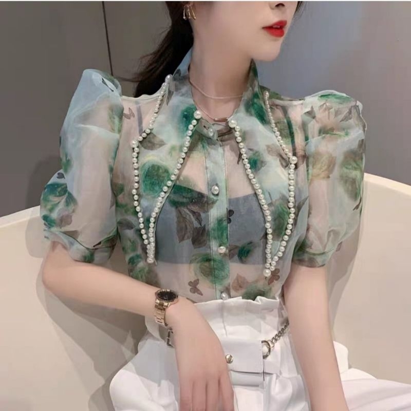 2271 Atasan baju blus blouse blose lengan tangan balon pendek kerah ada mote manik manik pearl canti
