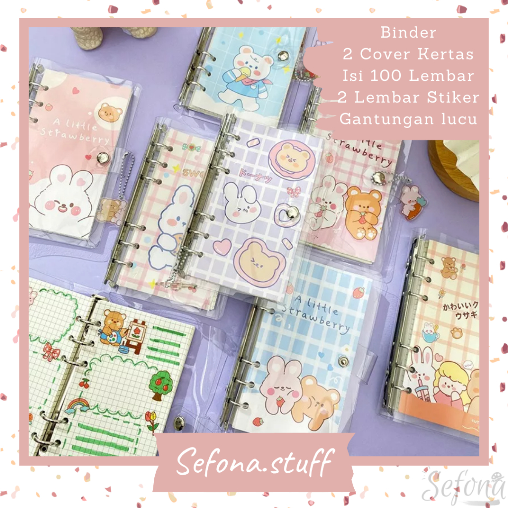 

[A6] 1 Set Binder + 2 Cover Lucu + Isi 100 Lembar + Stiker 2 Lembar + Gantungan Akrilik Lucu | Transparan Binder A6 6 Ring Bening Aestetik Unik 6 Lubang