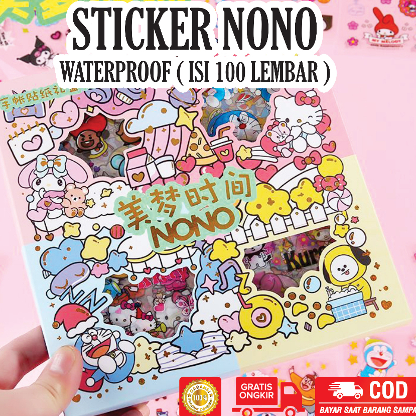 

Sticker Nono Mix 4 karakter BTS Doraemon Hello Kitty Sanrio Waterproof Isi 100 pcs Per Box Besar dan Mini