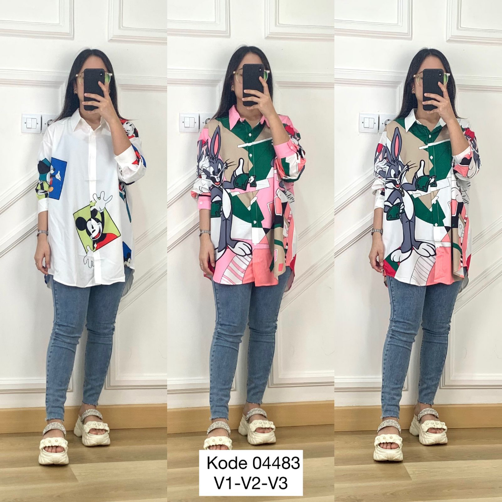 04483 KEMEJA OVERSIZE WEI XI NI PAPA BEAR PRINTING MOTIF VARIAN PREMIUM IMPORT BANGKOK THAILAND ATAS