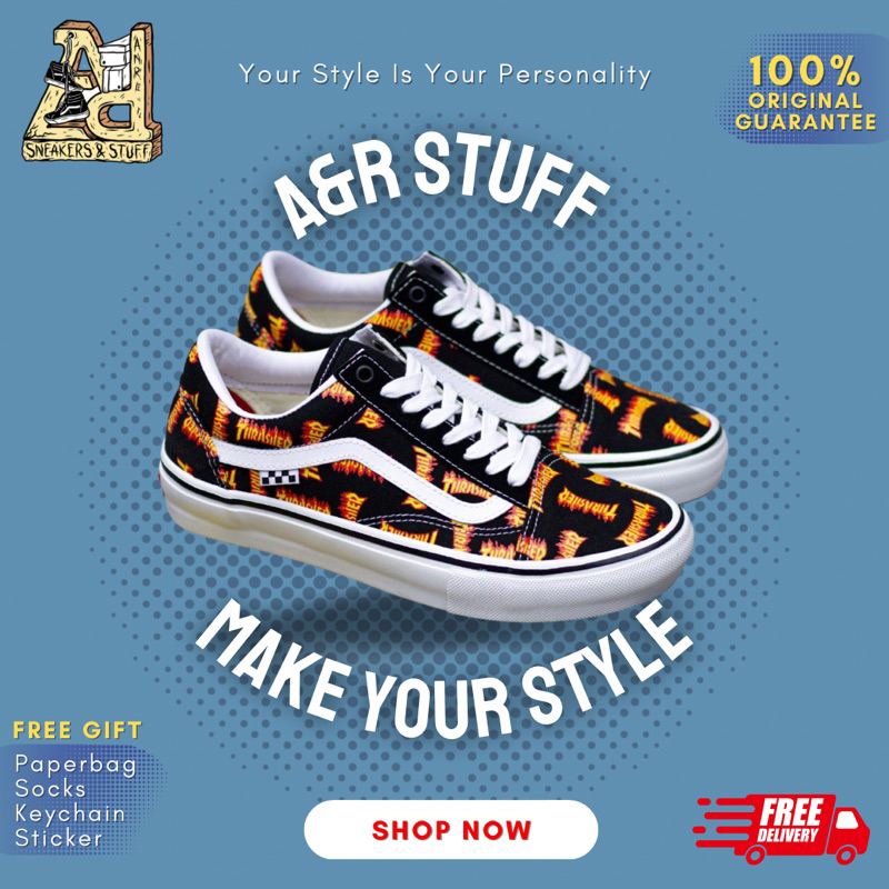 SALE  VANS SKATE OLD SKOOL PRO x THRASHER FLAME LOGO BLACK MULTI ORIGINAL 100%
