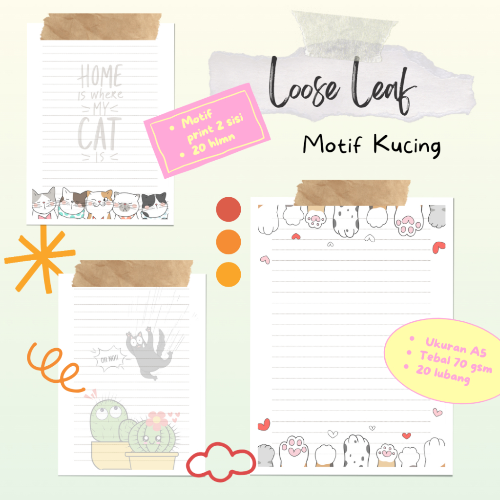 

10 Lembar Loose Leaf Motif Kucing | Isi Binder Refill Color Ukuran A5