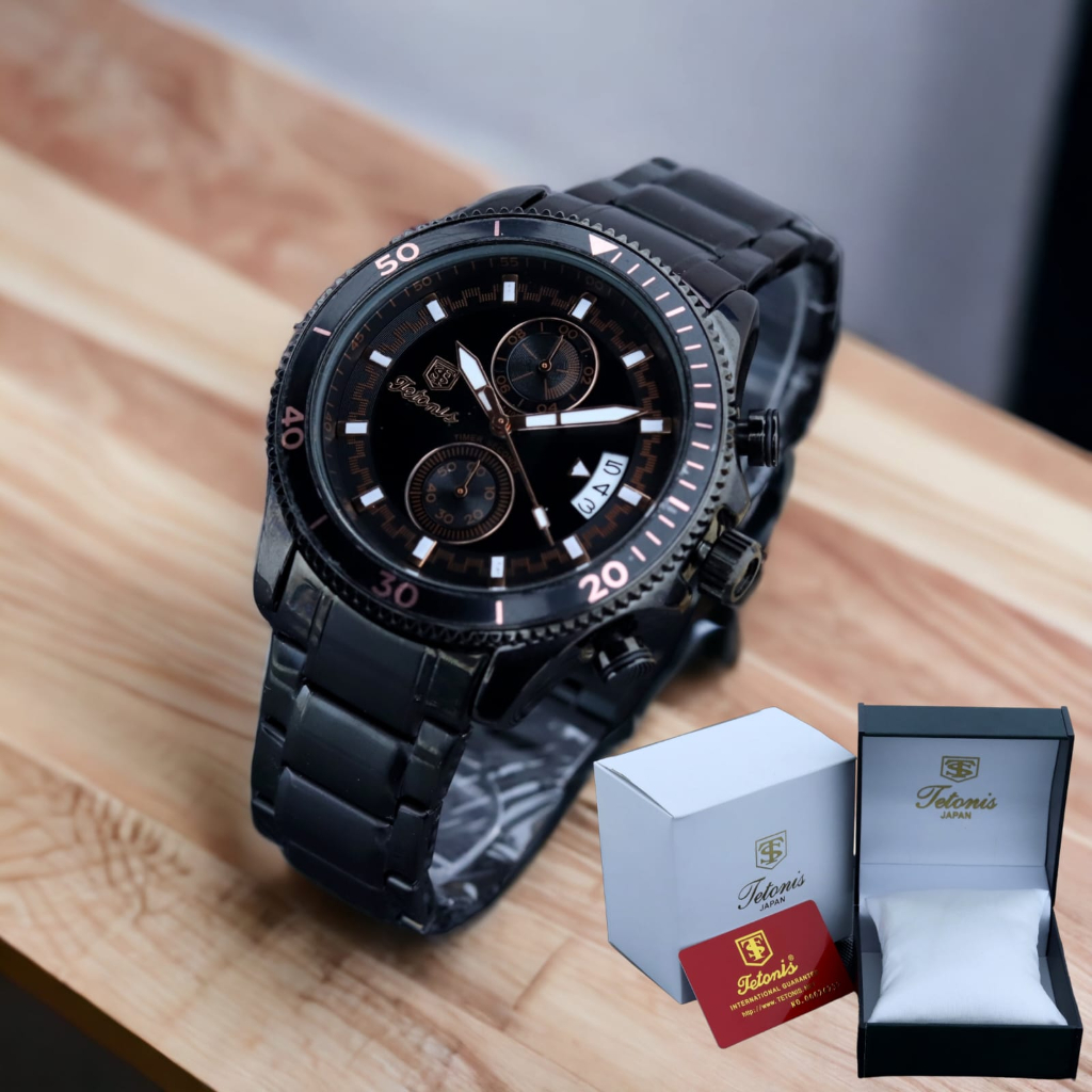 Jam Pria Original Tetonis TS-8008RT  Chronograph Tanggal Aktif Strap Rantai Free Box Kartu Garansi
