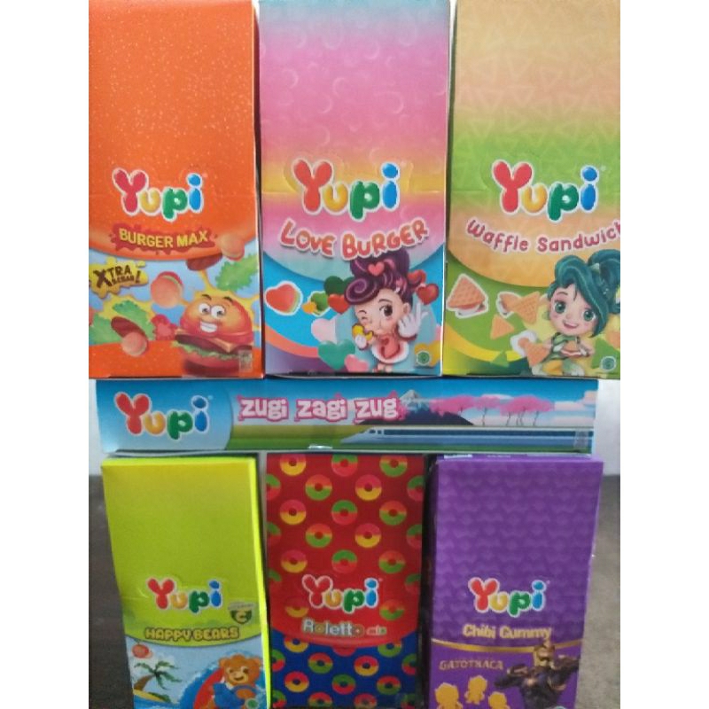 

Yupi box 12gr x 12 pcs ~~ yupi love burget/ roletto /burger max/happy bear / chibi gummy / zugi zagi zug