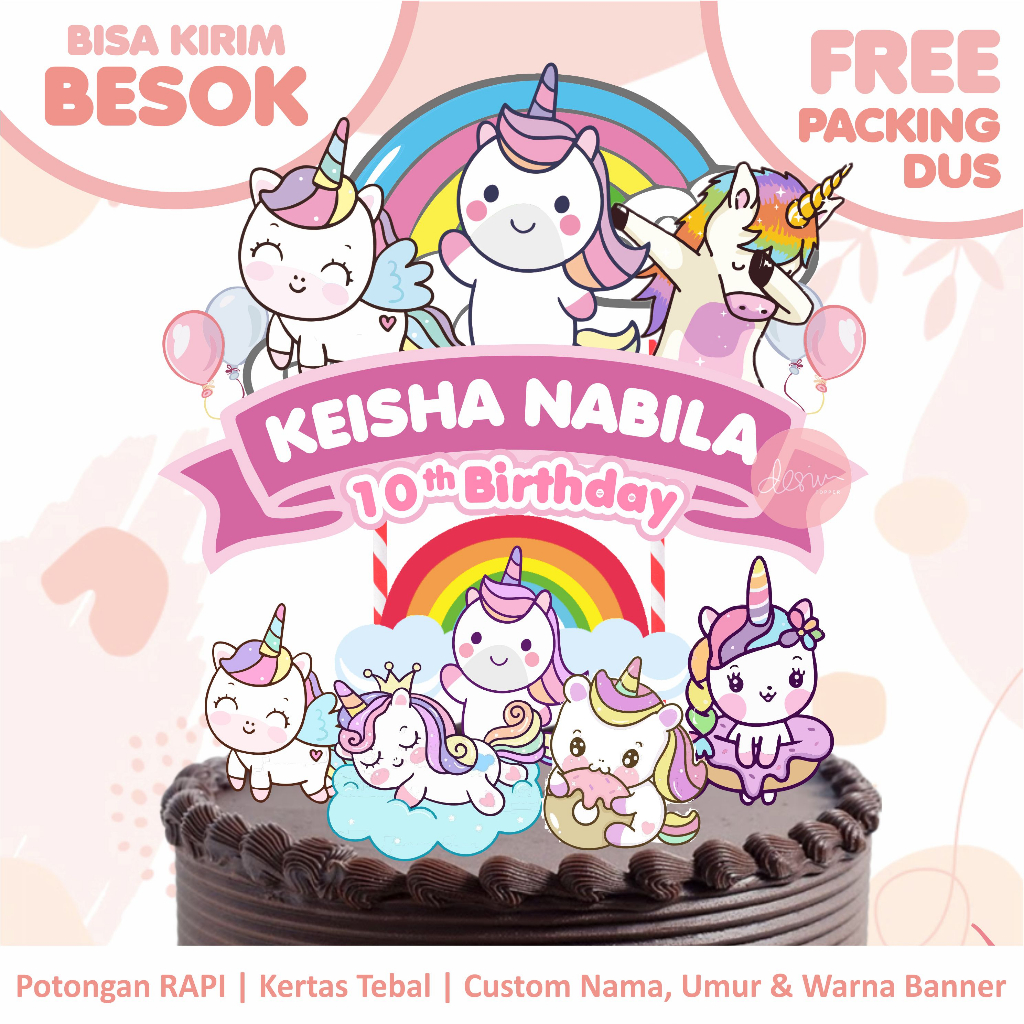 Cake Topper Unicorn (Custom Nama & Umur) FREE PACKING DUS