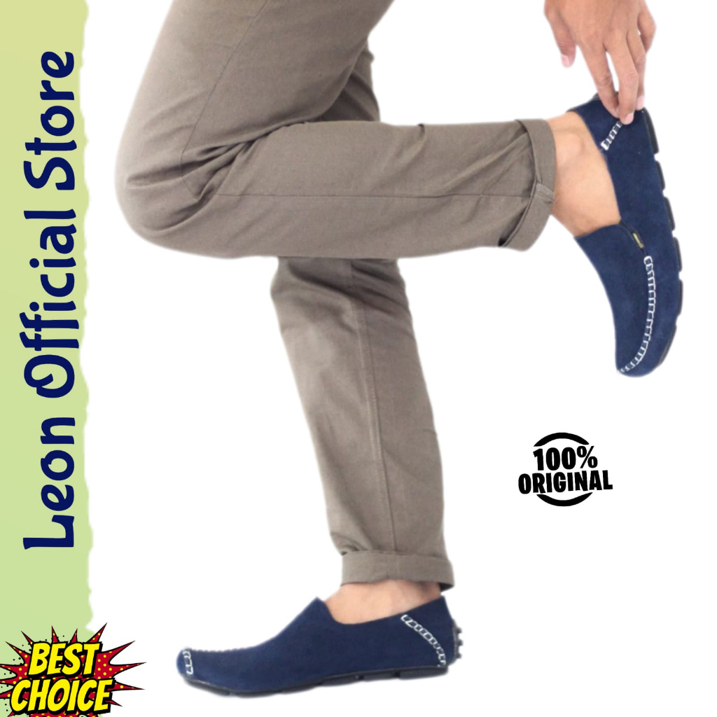 Sepatu Slip On Pansus Casual Pria Kulit Suede Biru Navy Original Handmade Slop Cowok Kasual Santai M