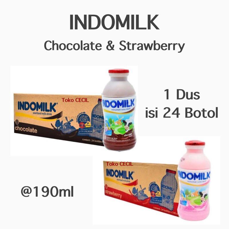 

(KHUSUS GOJEK GRAB) Susu UHT Indomilk Botol Cokelat & Strawberry 1 Dus Karton isi 24 Botol @190ml