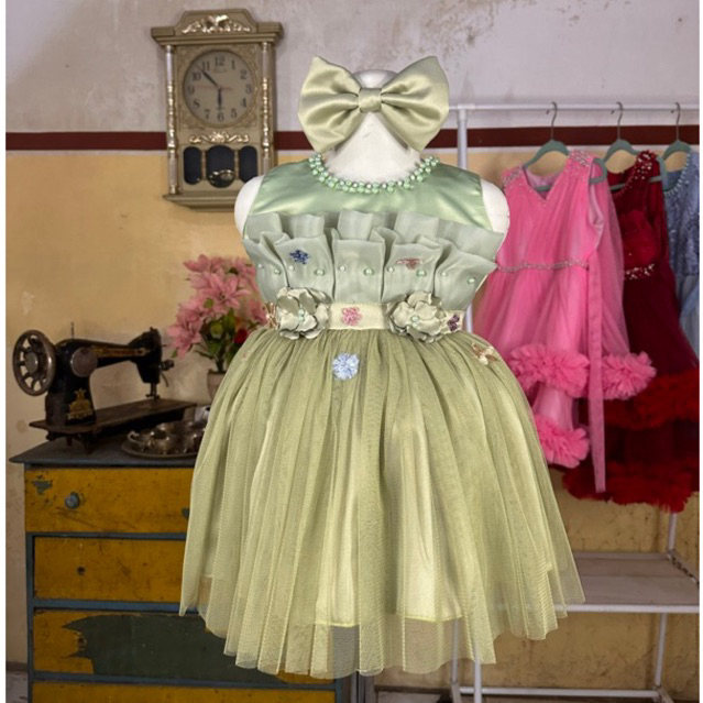 Dress anak tutu Sage green + bandana