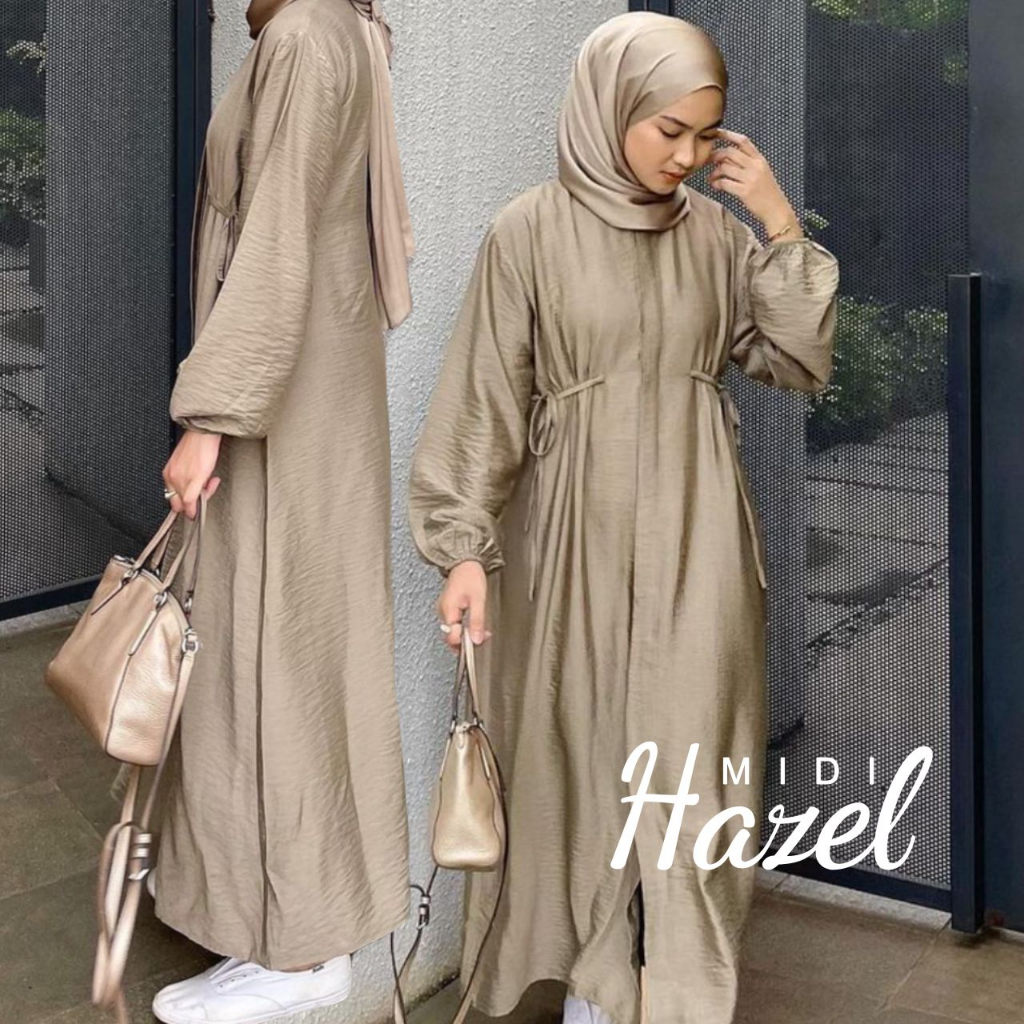 Gamis Midi Dress Polos Polo Linen Tali Pinggang Hazzel