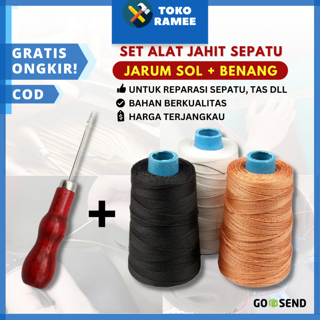 (Paket) Jarum Sol + Benang Jahit Sol Sepatu Nilon Premium Putih Hitam Coklat Model Roll / Benang Guj