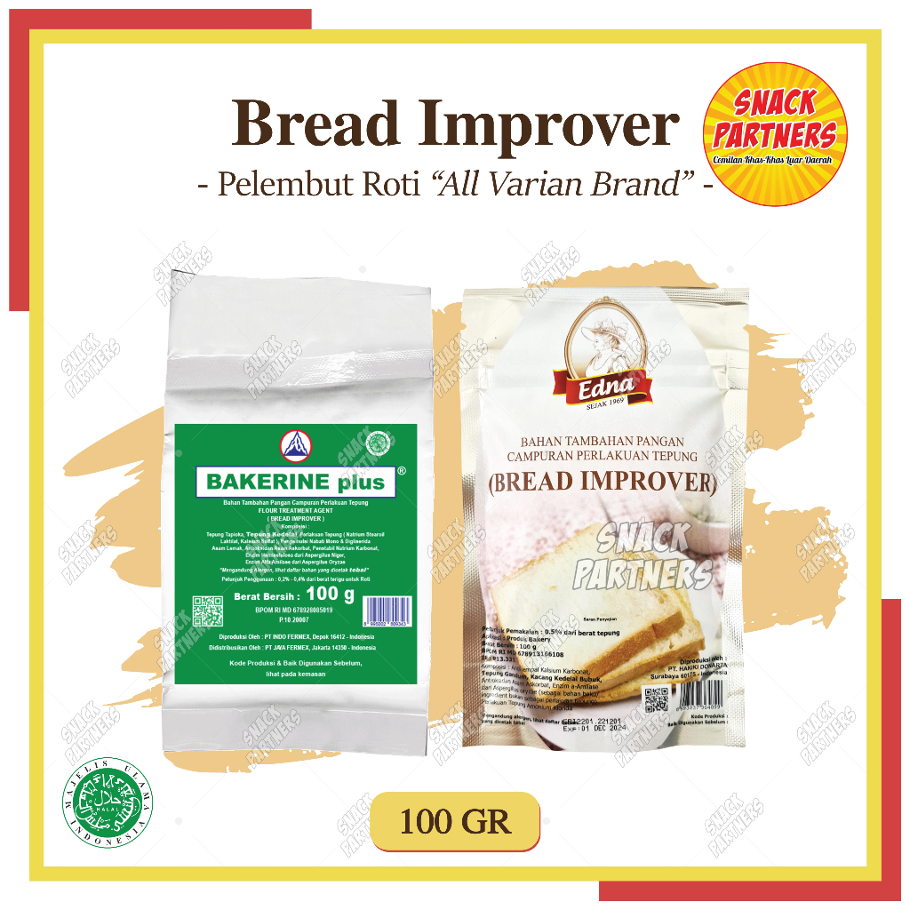 

BREAD IMPROVER 100 GR - BAKERINE PLUS, EDNA - Pelembut Pengempuk Cake Roti Bolu Kue Kering Bolu Kukus - Bahan Baking Banjarmasin