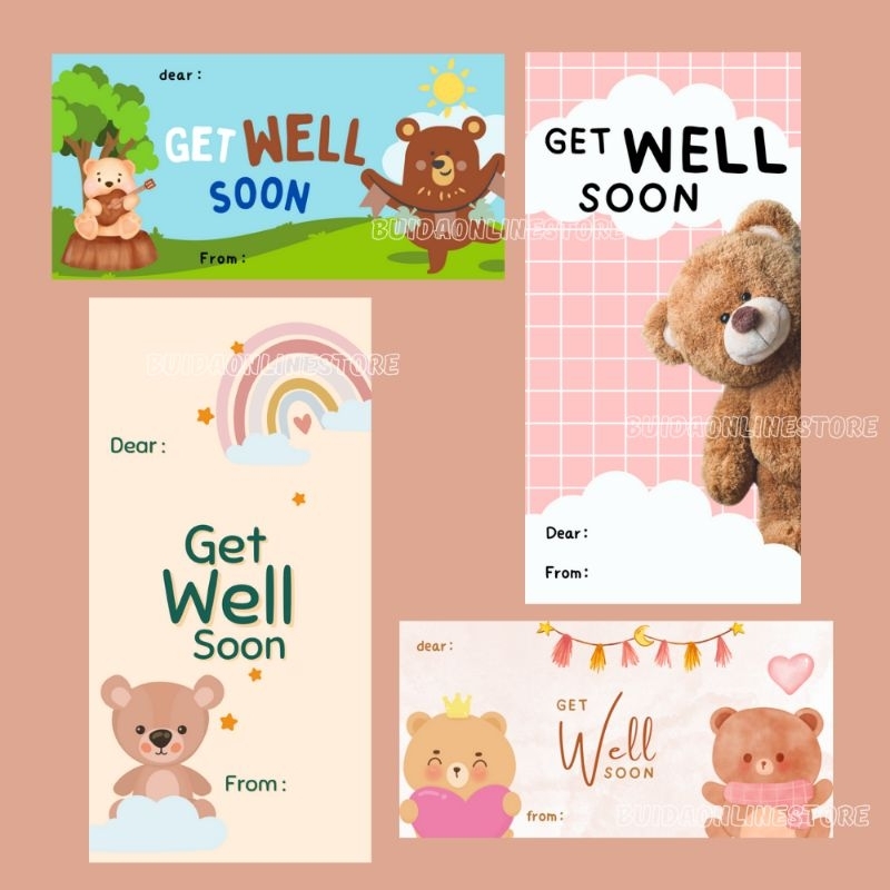 

Kartu Ucapan Stiker Hangtag Get Well Soon label Kemasan Semoga lekas sembuh dekorasi kado bingkisan menjenguk orang sakit hiasan hadiah gift hampers parcel motif lucu cute bear beruang