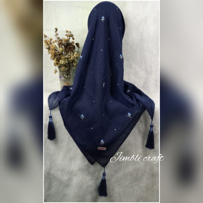 hijab sulam tasel Swarovski/jilbab Paris segi empat sulam/kerudung sulam tabur permata/hijab permata