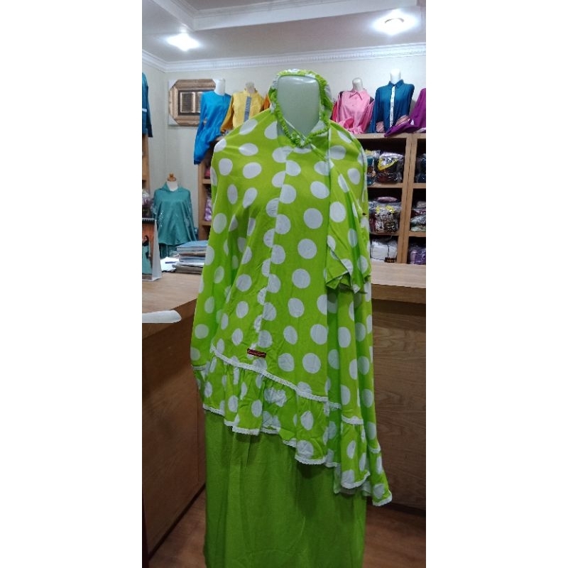 mukenah katun anak dannis polka hijau,promo 40%