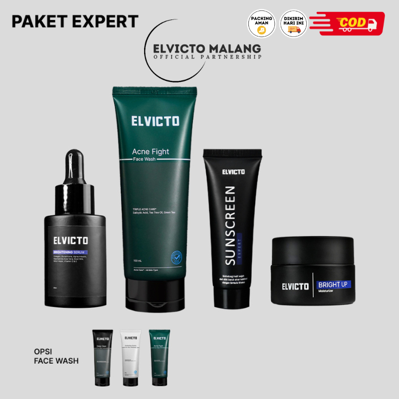 PAKET EXPERT ELVICTO (SERUM + FACIAL WASH + SUNSCREEN + BRIGHT UP MOIST) ELVICTO MALANG