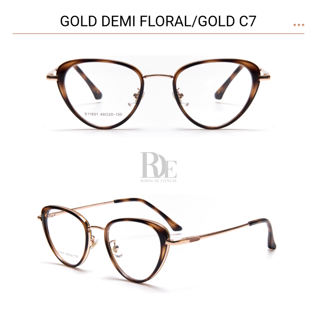 Robins kacamata Butterfly Anti Radiasi Komputer Frame Kacamata Bisa Minus Photocromic Bluecromic Fashion Wanita Terbaru S11931-Gold Demi Floral