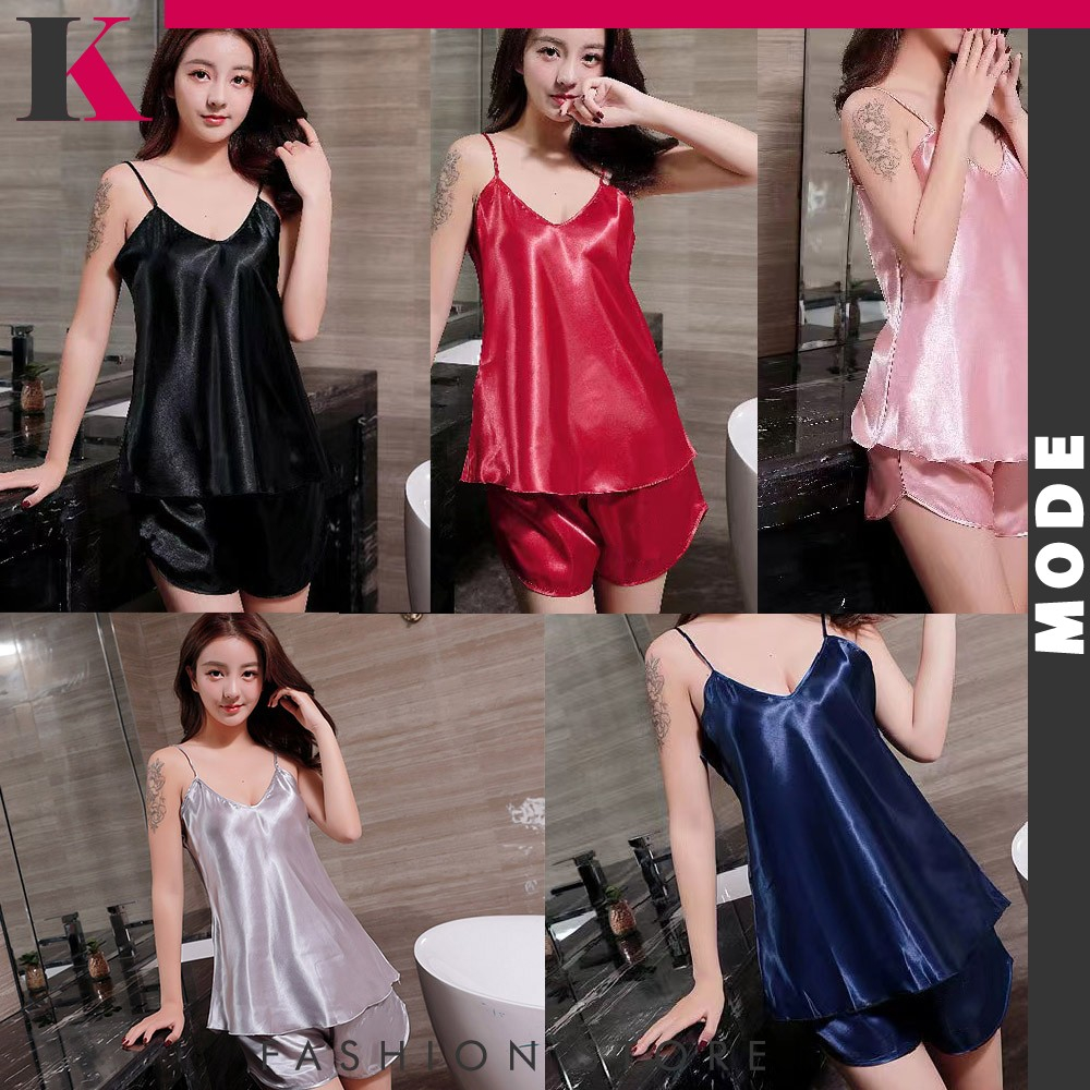 Piyama Tanktop Set Wanita Bahan Satin Polos Motif Bunga / Setelan Baju Tidur Yukensi Celana Pendek W