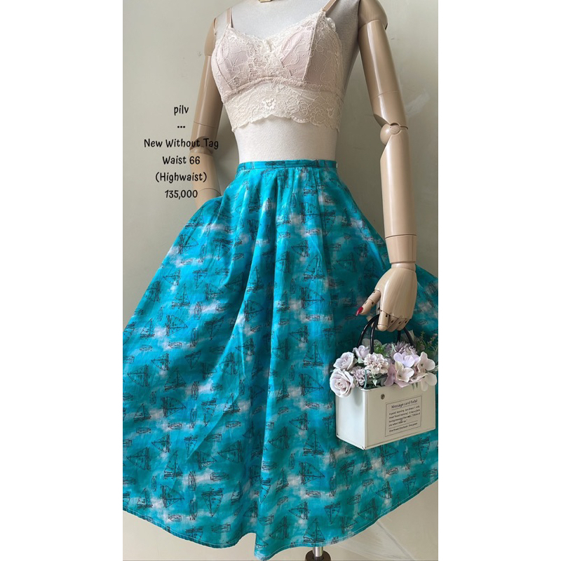 Rok midi skirt biru langit laut blue payung klok vintage pantai katun motif kapal perahu lucu unik a