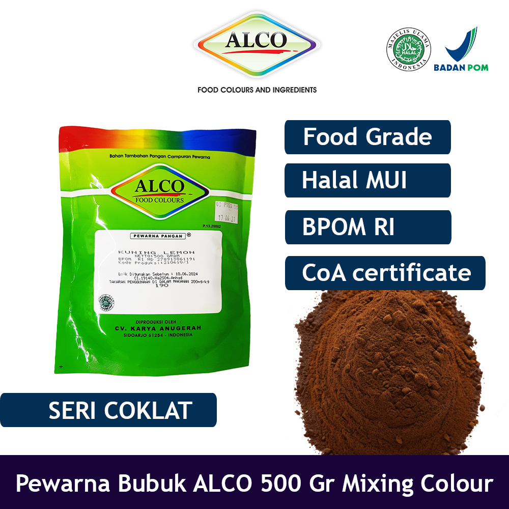 

Pewarna Makanan Kue Bubuk ALCO 500 gr Mixing Colour Warna Coklat