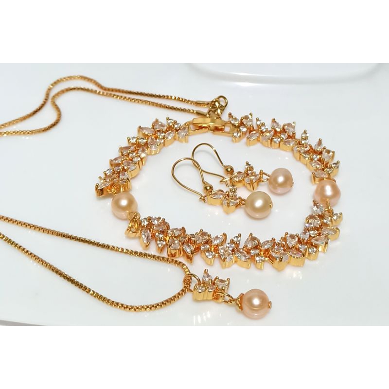 set perhiasan Rhodium mutiara asli