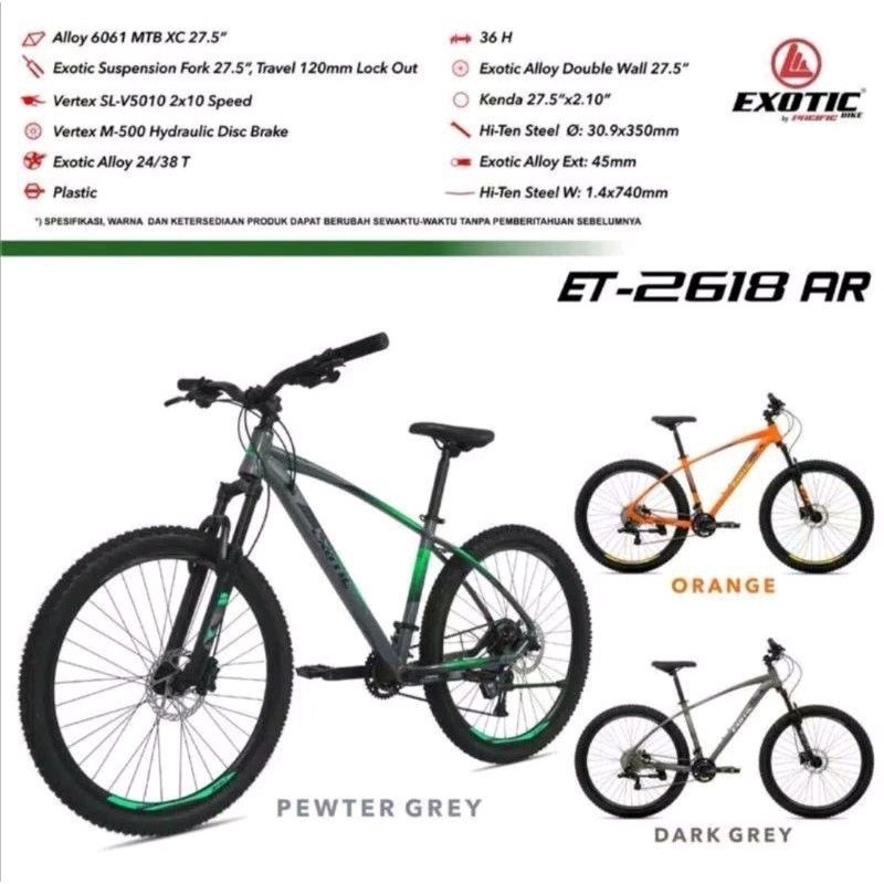 Sepeda MTB 27,5 Exotic ET 2618 AR Alloy Hidrolik 10 Speed ForkLock Suspention