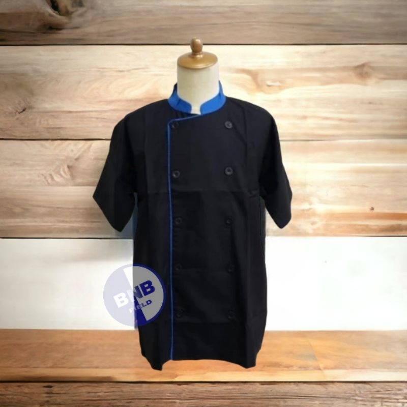 KEMEJA BAJU KOKI HITAM LIS BIRU BAHAN AMERICAN DRILL