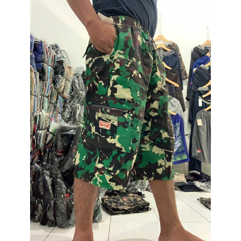 Celana Pendek Cargo Loreng Army 7/8 Pria Dewasa Harian Santai Saku 5