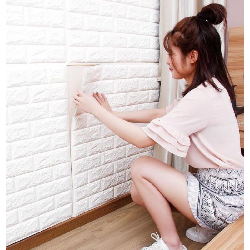Wallpaper dinding foam 3D motif batu bata putih