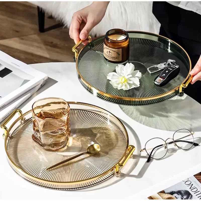 TRAY/Nampan polos transparan/nampan mewah/ tray transparant liat gold/nampan transparat gagang gold